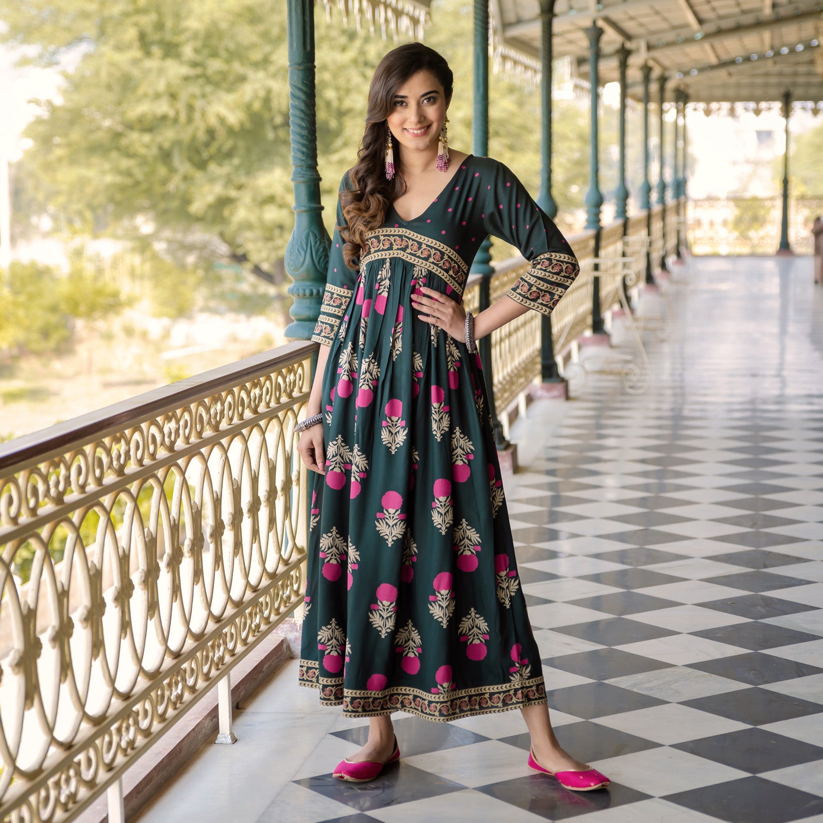 Emerald Green V Neck Alia Cut Dress with Buta & Polka Prints