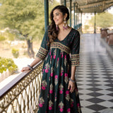 Emerald Green V Neck Alia Cut Dress with Buta & Polka Prints