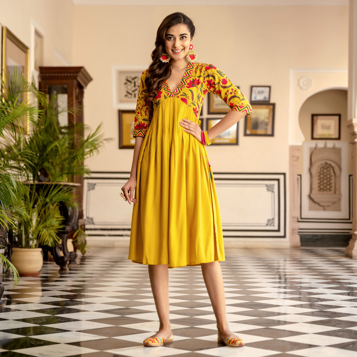 Mustard V Neck Gathered Dress With Tassels - SOM
