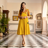 Mustard V Neck Alia Cut Gathered Dress with Tassels