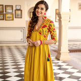 Mustard V Neck Alia Cut Gathered Dress with Tassels