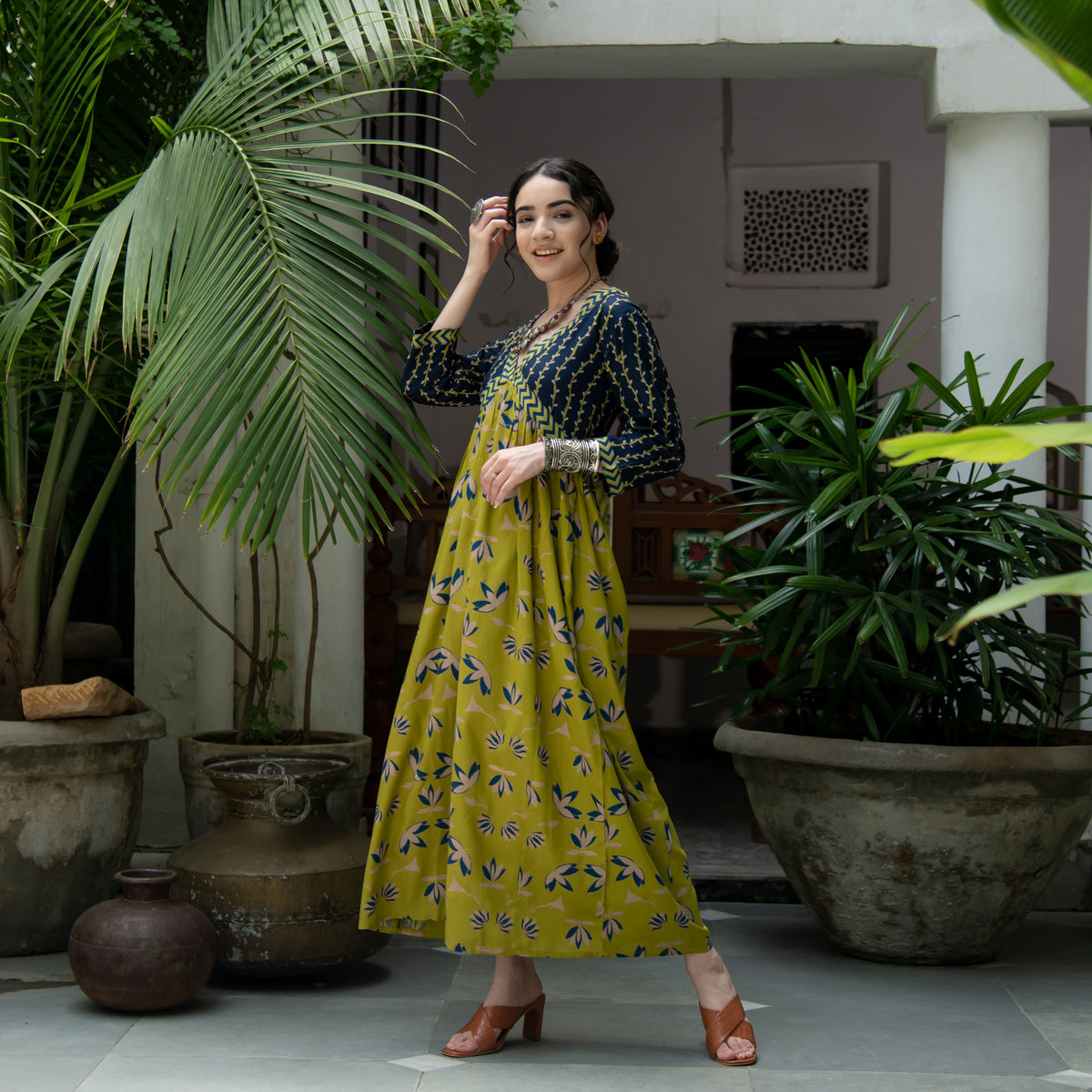 Olive & Blue V Neck Alia Cut Lotus Dress