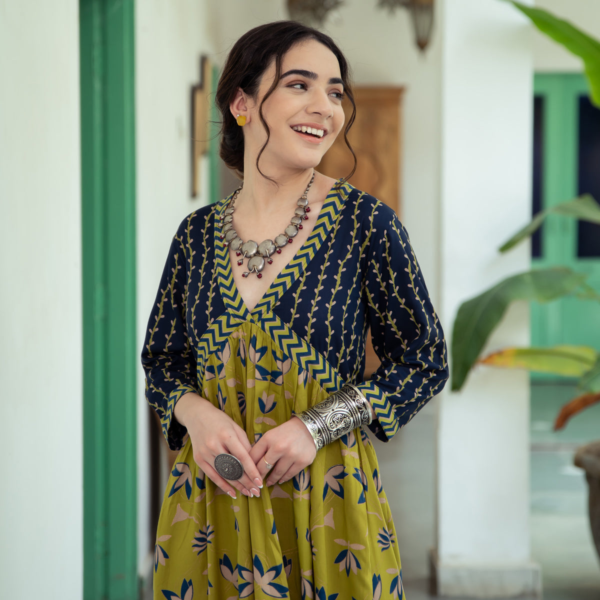 Olive & Blue V Neck Alia Cut Lotus Dress