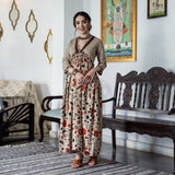 Beige Blossom V Neck Cotton Alia Cut Dress