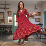 Maroon V Neck Tiered Dress with Pompom Detailing