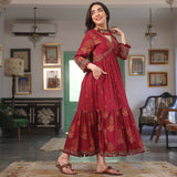 Maroon V Neck Tiered Dress with Pompom Detailing