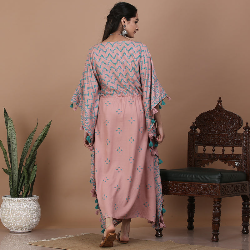 Baby Pink Bandhani Printed Kaftan Dress