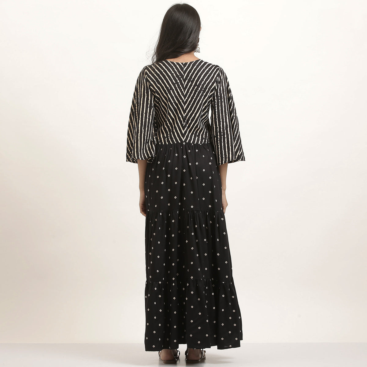 Black Bandhani & Stone Printed Tiered Dress with Flared Sleeves