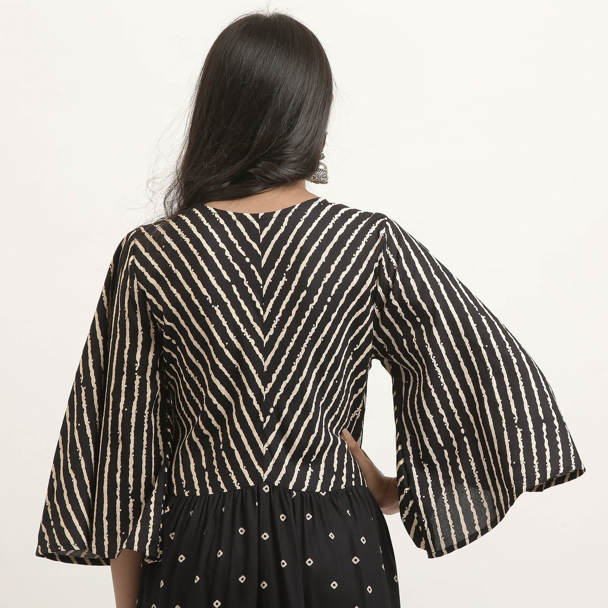 Black Bandhani & Stone Printed Tiered Dress with Flared Sleeves