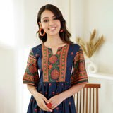 Indigo Trapeze Dress with Flared Sleeves