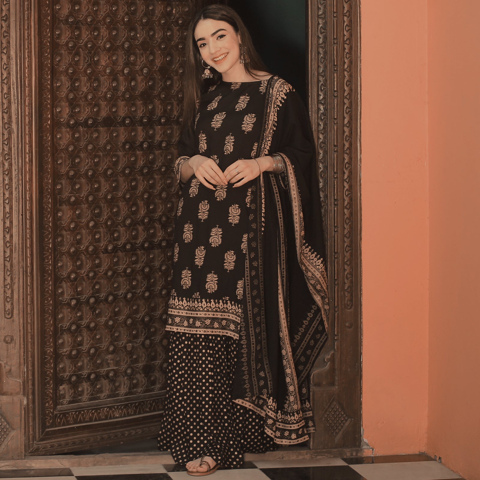 Black Festive Gold Gharara Kurta Set with Dupatta