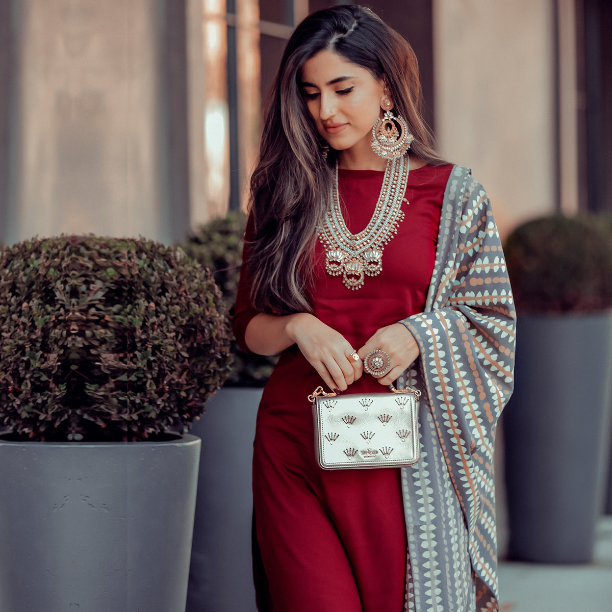 Maroon Salwar Kurta Set with Grey Dupatta