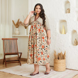 Beige Blossom V Neck Alia Cut Dress - SOM