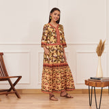 Yellow Leaf Print Tiered Dress