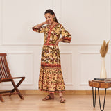 Yellow Leaf Print Tiered Dress