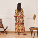 Yellow Leaf Print Tiered Dress