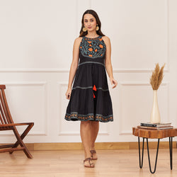 Black Tiered Dress with Floral Yoke