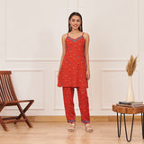 Orange Printed Tunic and Pant Set with Pink Tiered Long Shrug and Belt