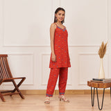 Orange Printed Tunic and Pant Set with Pink Tiered Long Shrug and Belt