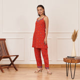 Orange Printed Tunic and Pant Set with Pink Tiered Long Shrug and Belt