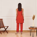 Orange Printed Tunic and Pant Set with Pink Tiered Long Shrug and Belt