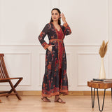 Maroon Printed Tunic and Pant Set with Black Tiered Long Shrug and Belt