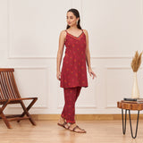 Maroon Printed Tunic and Pant Set with Black Tiered Long Shrug and Belt