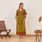 Olive Green Gathered Dress with Flutter Sleeves