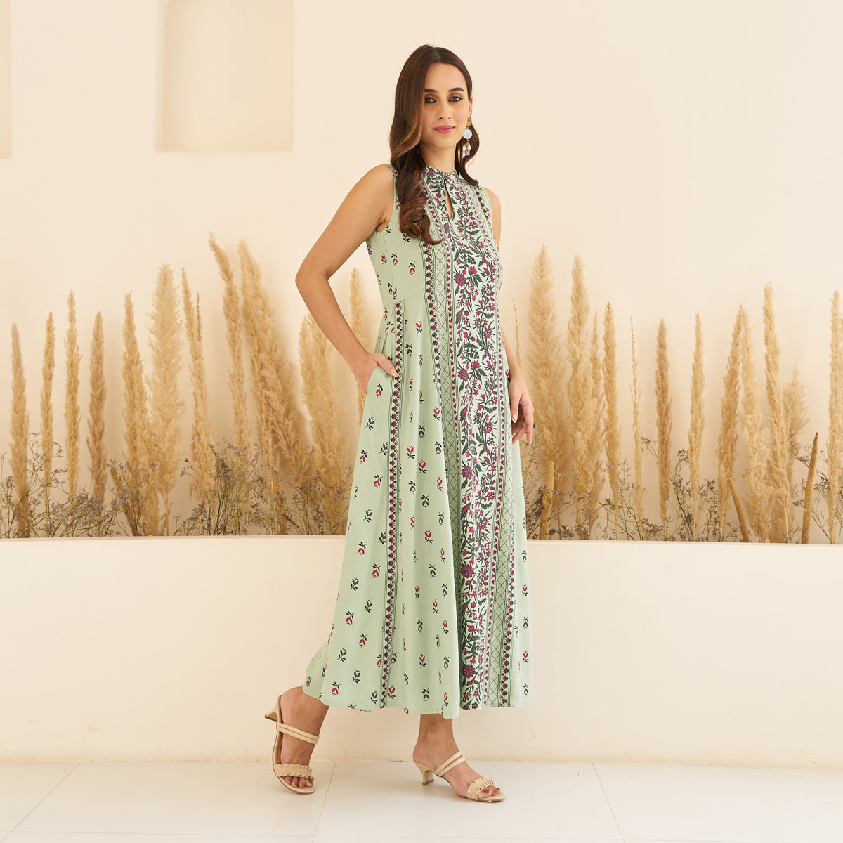 Mint Green Floral Mandarin Collar Dress