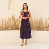 Navy Blue A-Line Spaghetti Dress with Floral Shrug