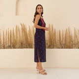 Navy Blue A-Line Spaghetti Dress with Floral Shrug