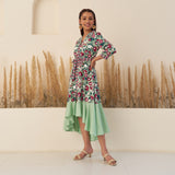 Sea Green Floral Collar Shirt Dress with Flared Hem