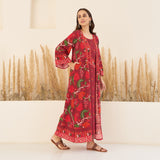 Maroon A-Line Spaghetti Dress with Floral Shrug