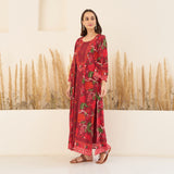 Maroon A-Line Spaghetti Dress with Floral Shrug