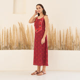 Maroon A-Line Spaghetti Dress with Floral Shrug