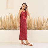 Maroon A-Line Spaghetti Dress with Floral Shrug