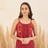 Maroon A-Line Spaghetti Dress with Floral Shrug