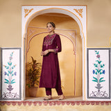 Magenta Velvet High Slit Zari Embroidered Kurta
