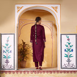 Magenta Velvet High Slit Zari Embroidered Kurta