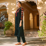 Emerald Green Velvet A-Line Embroidered Kurta