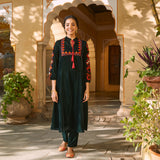 Emerald Green Velvet A-Line Embroidered Kurta