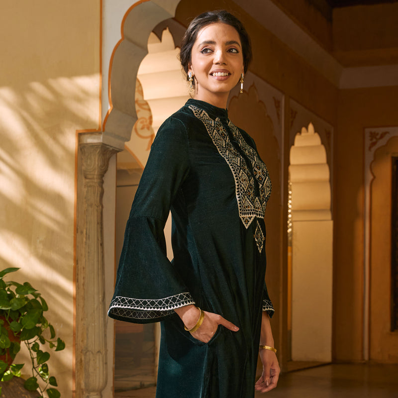 Emerald Green Embroidered Kurta with Bell Sleeves