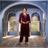 Magenta Velvet Floral V Neck Embroidered Kurta