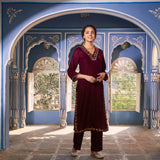 Magenta Velvet Floral V Neck Embroidered Kurta