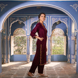 Magenta Velvet Floral V Neck Embroidered Kurta