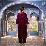 Magenta Velvet Floral V Neck Embroidered Kurta