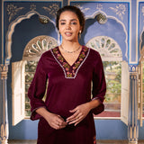 Magenta Velvet Floral V Neck Embroidered Kurta