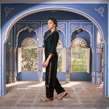 Emerald Green Velvet Floral V Neck Embroidered Kurta