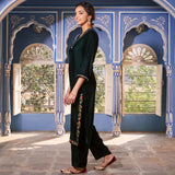 Emerald Green Velvet Floral V Neck Embroidered Kurta