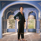 Emerald Green Velvet Floral V Neck Embroidered Kurta